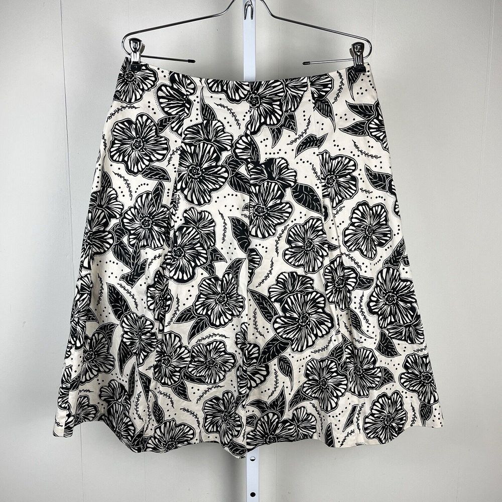 Charter Club Pleated Midi Skirt Cream Black Floral Flower A-Line Womens Size 8